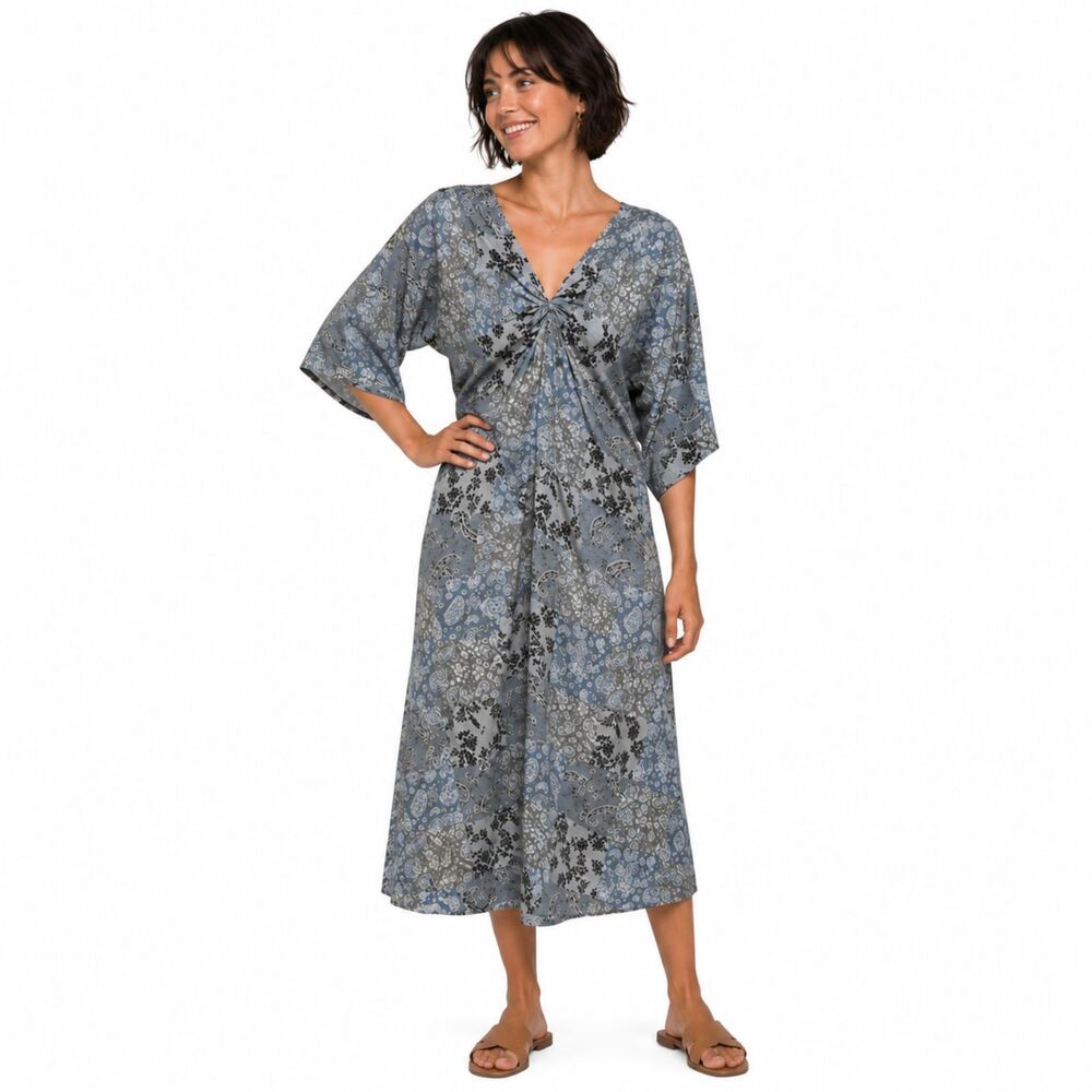 New GIGIO L 12 14 Patchwork Print Twist V Neck Midi Dress Back Tassel Tie